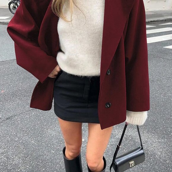 Burgundy Casual Women's Elegant Lapel oversized button down coat - Picture 6 of 6